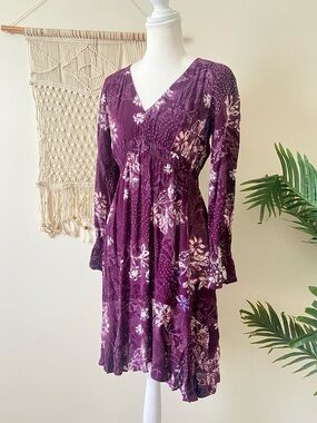 Anthropologie Maeve Monaco Floral Ruffle Mini Long Sleeve Dress Purple XXSP